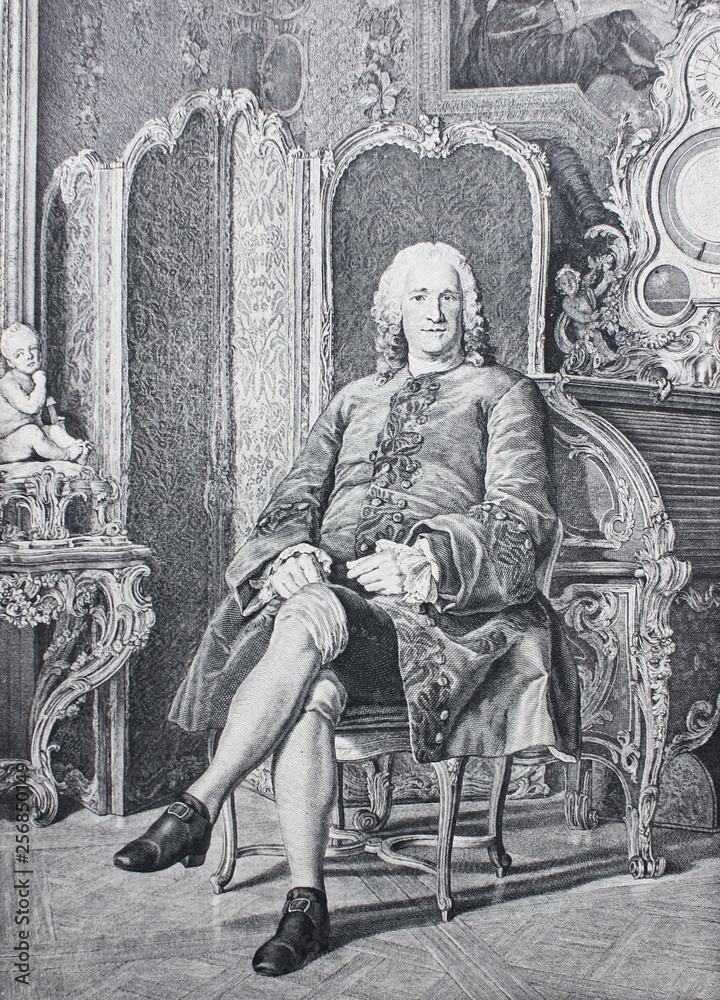 Old engraving of man of 18th century sitting in chair from a vintage book Madame de Pomadour by E. de Goncourt, 1888