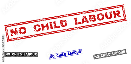 Grunge NO CHILD LABOUR rectangle stamp seals isolated on a white background. Rectangular seals with grunge texture in red, blue, black and grey colors.