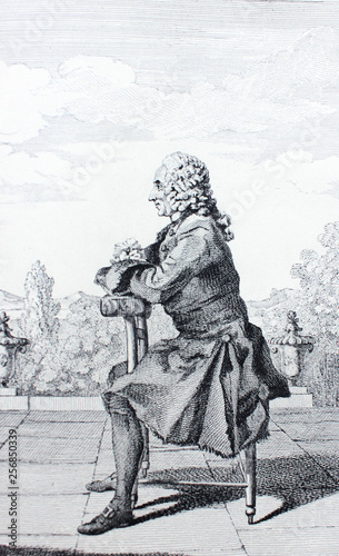 Old engraving of man of 18th century sitting in chair from a vintage book Madame de Pomadour by E. de Goncourt, 1888 photo