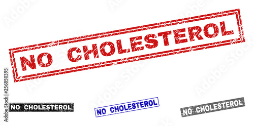 Grunge NO CHOLESTEROL rectangle stamp seals isolated on a white background. Rectangular seals with grunge texture in red, blue, black and grey colors.