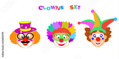 Funny Clowns mask icon set, Carnival, Birthday, Happy Purim Festival Jewish Holiday Kids Party decoration cartoon background red hair cute clown face isolated clown head sticker character design