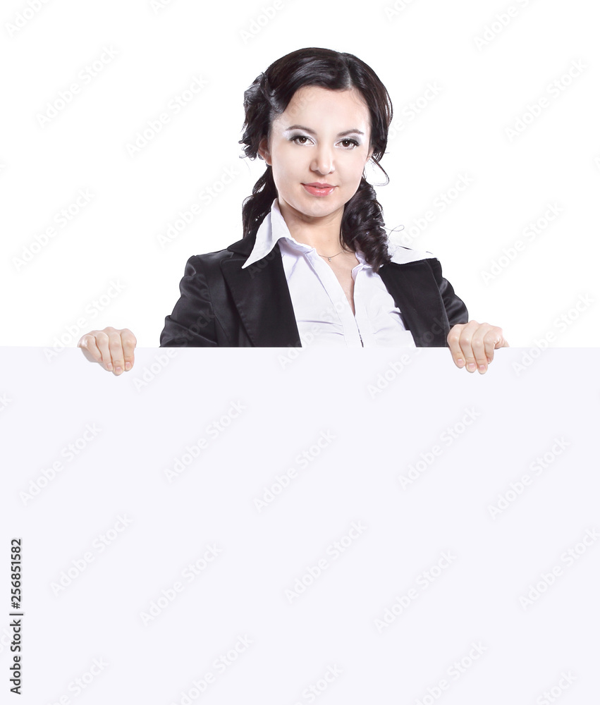 close up. business woman showing blank banner.isolated on white close up. business woman showing blank banner.isolated on white