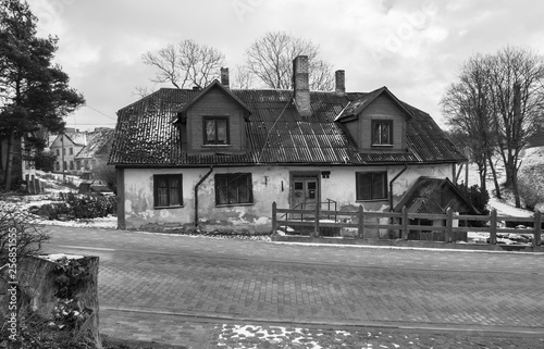 Wooden old houses on street.