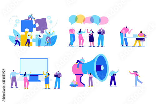 Creative team characters flat vector set. Discussion people. Office workers life. Team thinking and brainstorming.  Analytics of company information. Flat vector characters