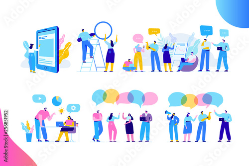 Creative team characters flat vector set. Discussion people. Office workers life. Team thinking and brainstorming.  Analytics of company information. Flat vector characters