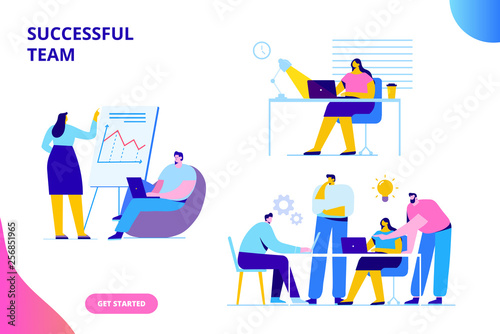 Creative team characters flat vector set. Discussion people. Office workers life. Team thinking and brainstorming.  Analytics of company information. Flat vector characters