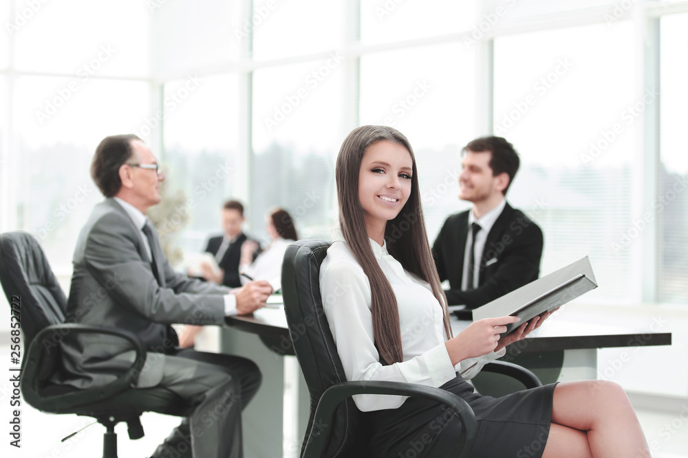 Executive business woman with clipboard modern office Executive business woman with clipboard modern office