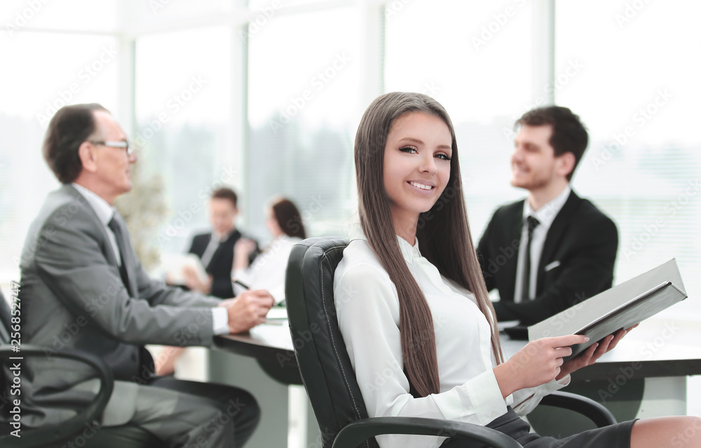Executive business woman with clipboard modern office Executive business woman with clipboard modern office