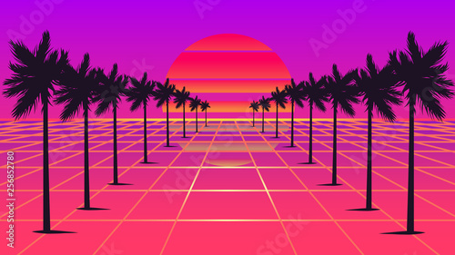 Retrowave sun and palm trees 1980s style