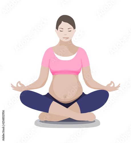 Enceinte mother in yoga lotus pose isolated on white background
