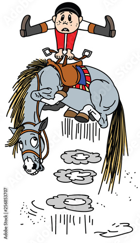 cartoon  horse throws off a rider .Little boy rider on a bucking pony horseback . Funny equestrian sport  . Vector illustration