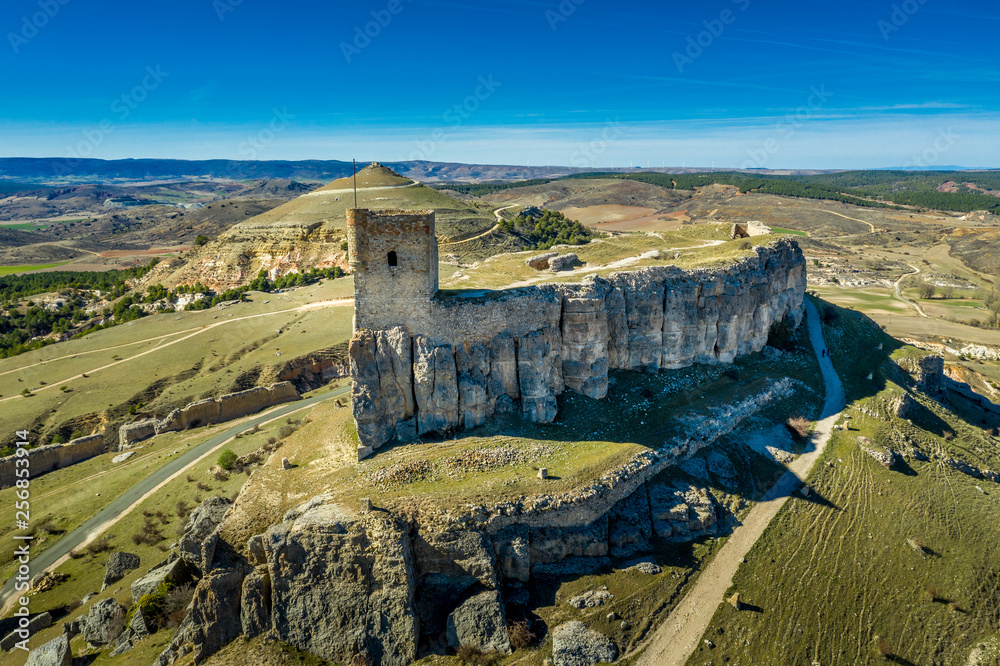 Atienza aerial panorama with blue sky of medieval ruined castle and