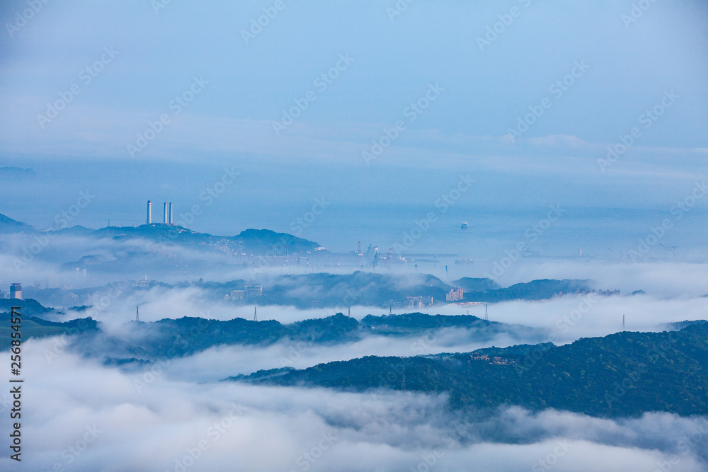 aerial view from the plane , fog city
