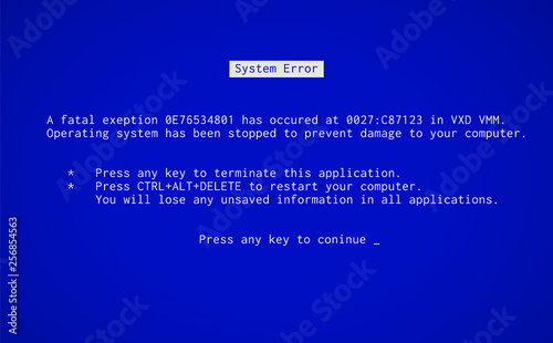 Blue Screen of Death. Operating system crash error message. BSOD malfunction report. photo