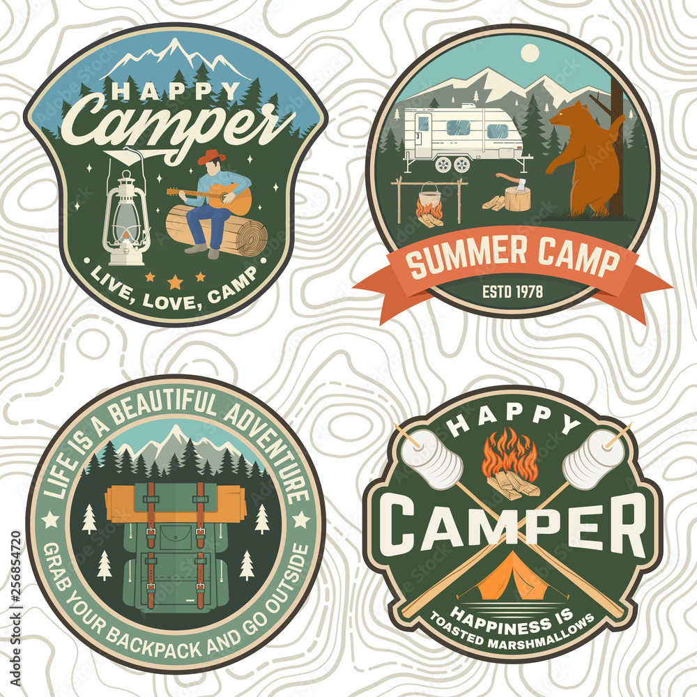 Set of Summer camp patches. Vector. Concept for shirt, stamp, apparel or tee. Vintage design with lantern, pocket knife, campin tent, axe, mountain, campfire and forest silhouette.