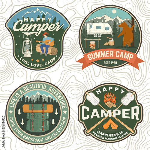 Set of Summer camp patches. Vector. Concept for shirt, stamp, apparel or tee. Vintage design with lantern, pocket knife, campin tent, axe, mountain, campfire and forest silhouette.