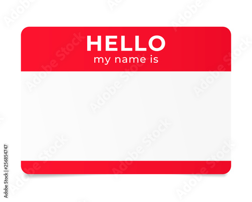 Red name tag. Hello my name is - label.
