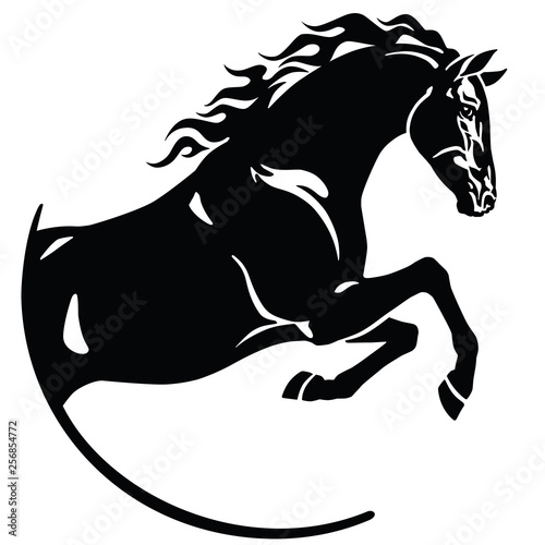 Fototapeta Naklejka Na Ścianę i Meble -  black stallion horse in the jump .Black and white logo, emblem, icon