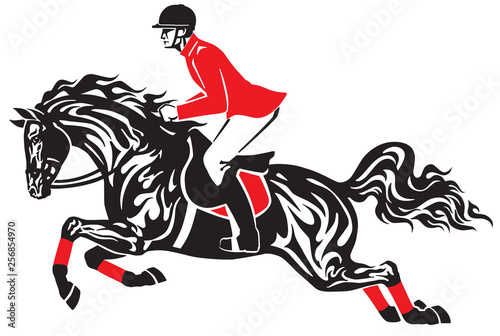 Horse show jumping . Equestrian sport competition . Horseman rider controls a horse jumping over an obstacle . Black and red side view vector illustration