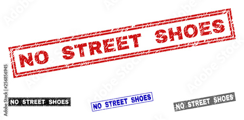 Grunge NO STREET SHOES rectangle stamp seals isolated on a white background. Rectangular seals with grunge texture in red, blue, black and grey colors.
