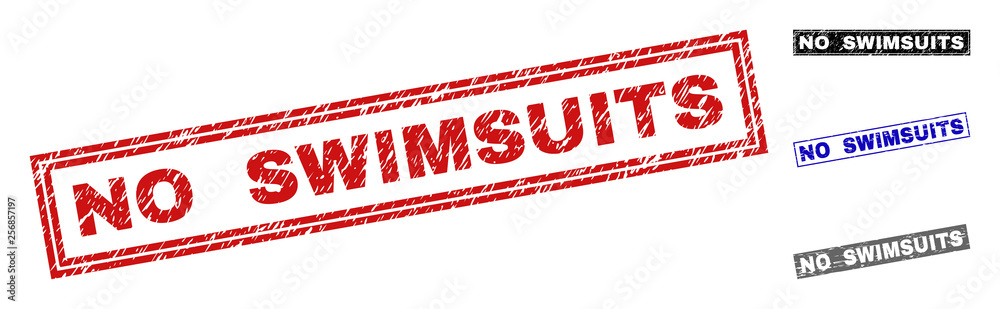 Grunge NO SWIMSUITS rectangle stamp seals isolated on a white background. Rectangular seals with grunge texture in red, blue, black and grey colors. Grunge NO SWIMSUITS rectangle stamp seals isolated on a white background. Rectangular seals with grunge texture in red, blue, black and grey colors.