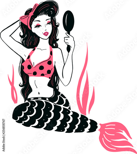 Pin up black hair mermaid with mirror and bow