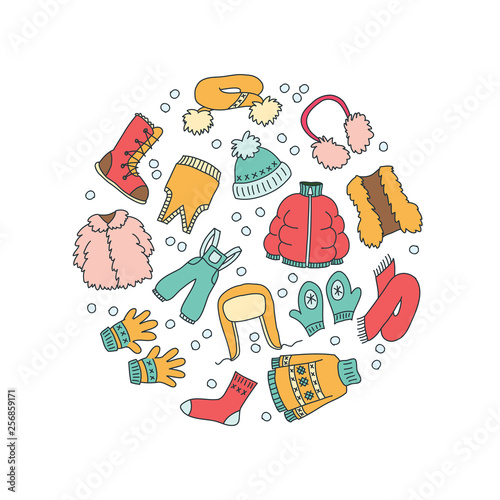 Circle background of winter clothes: scarf, coat, mitten, hat, jacket, waistcoat, gloves, boots, sweater, ear muffs. Hand drawn illustration. Vector 8 EPS