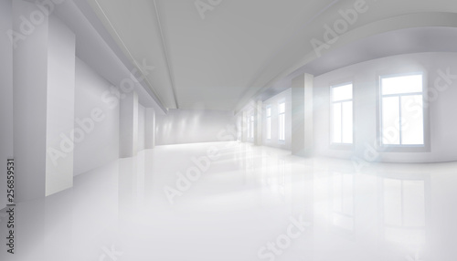 Interior in an office building. Empty hall with windows. Shopping center. Vector illustration.