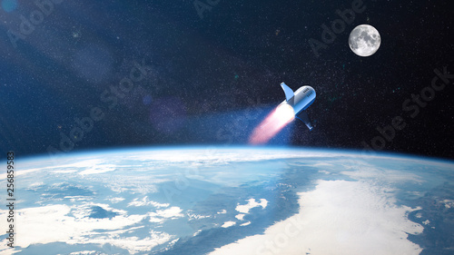 Fototapeta Naklejka Na Ścianę i Meble -  Spaceship leaving earth atmosphere destination moon - concept of space tourism - 3D rendering - Elements of this image furnished by NASA