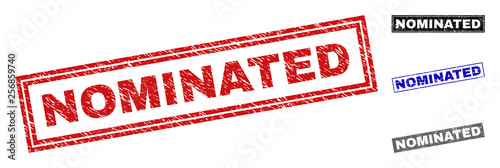 Grunge NOMINATED rectangle stamp seals isolated on a white background. Rectangular seals with grunge texture in red, blue, black and gray colors.