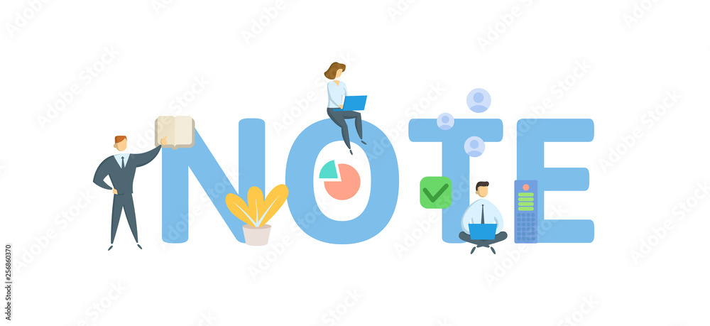 NOTE. Concept with people, letters and icons. Colored flat vector illustration. Isolated on white background. NOTE. Concept with people, letters and icons. Colored flat vector illustration. Isolated on white background.