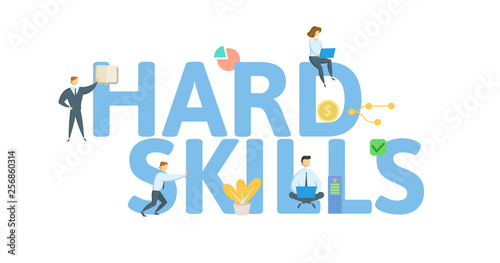 HARD SKILLS. Concept with people, letters and icons. Colored flat vector illustration. Isolated on white background.