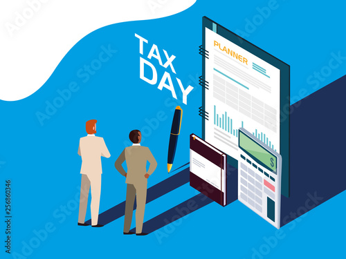 businessmen in tax day with planner and icons
