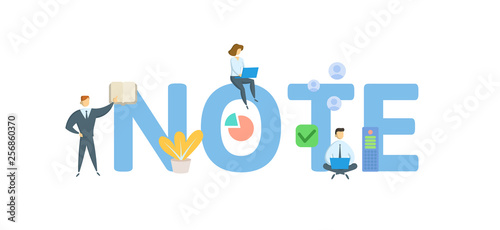 NOTE. Concept with people, letters and icons. Colored flat vector illustration. Isolated on white background.