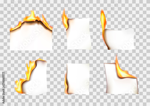 set of paper pieces burning in fire on a transparent background vector illustration