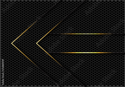 Abstract gold lines arrow direction on dark grey hexagon mesh design modern futuristic background vector illustration.