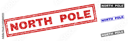 Grunge NORTH POLE rectangle stamp seals isolated on a white background. Rectangular seals with grunge texture in red, blue, black and grey colors.