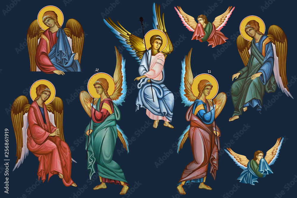 Archangels set. Illustration - frescos in Byzantine style.