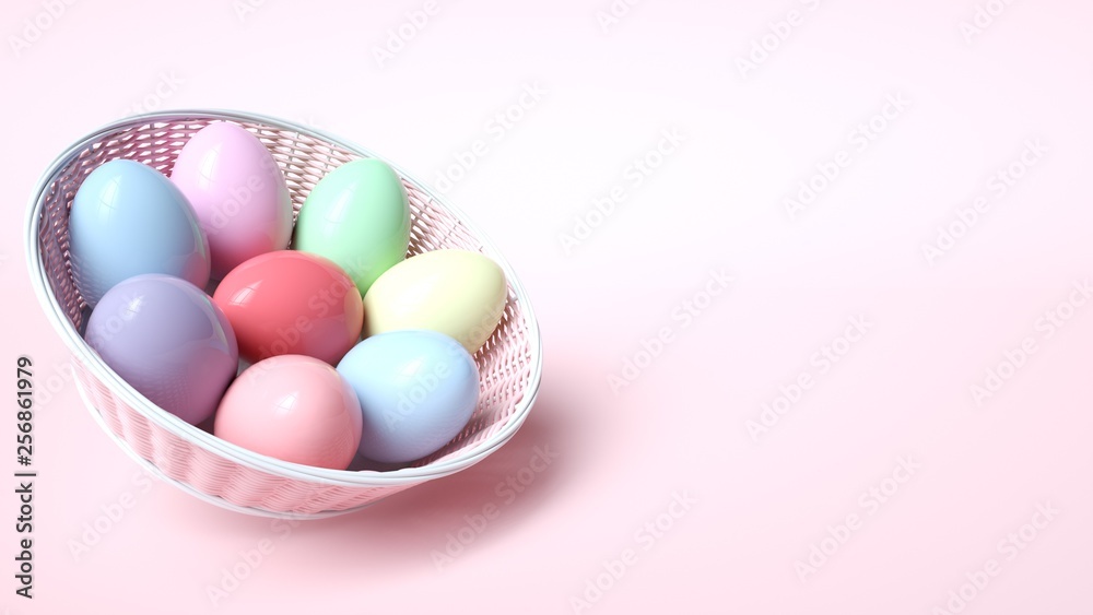 Colorful Easter Eggs In The Pink Basket Isolated On The Pink Background. Happy Easter Concept - 3D Illustration Colorful Easter Eggs In The Pink Basket Isolated On The Pink Background. Happy Easter Concept - 3D Illustration