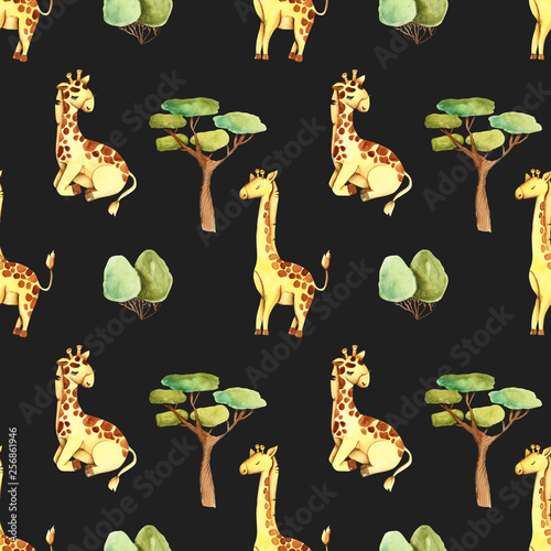 Watercolor cute giraffes and trees seamless pattern  hand drawn on a dark background
