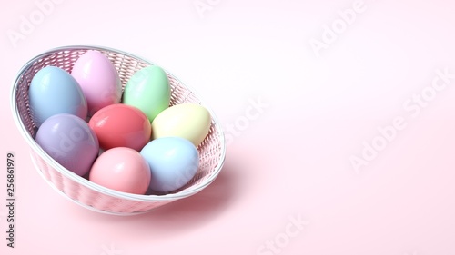 Colorful Easter Eggs In The Pink Basket Isolated On The Pink Background. Happy Easter Concept - 3D Illustration