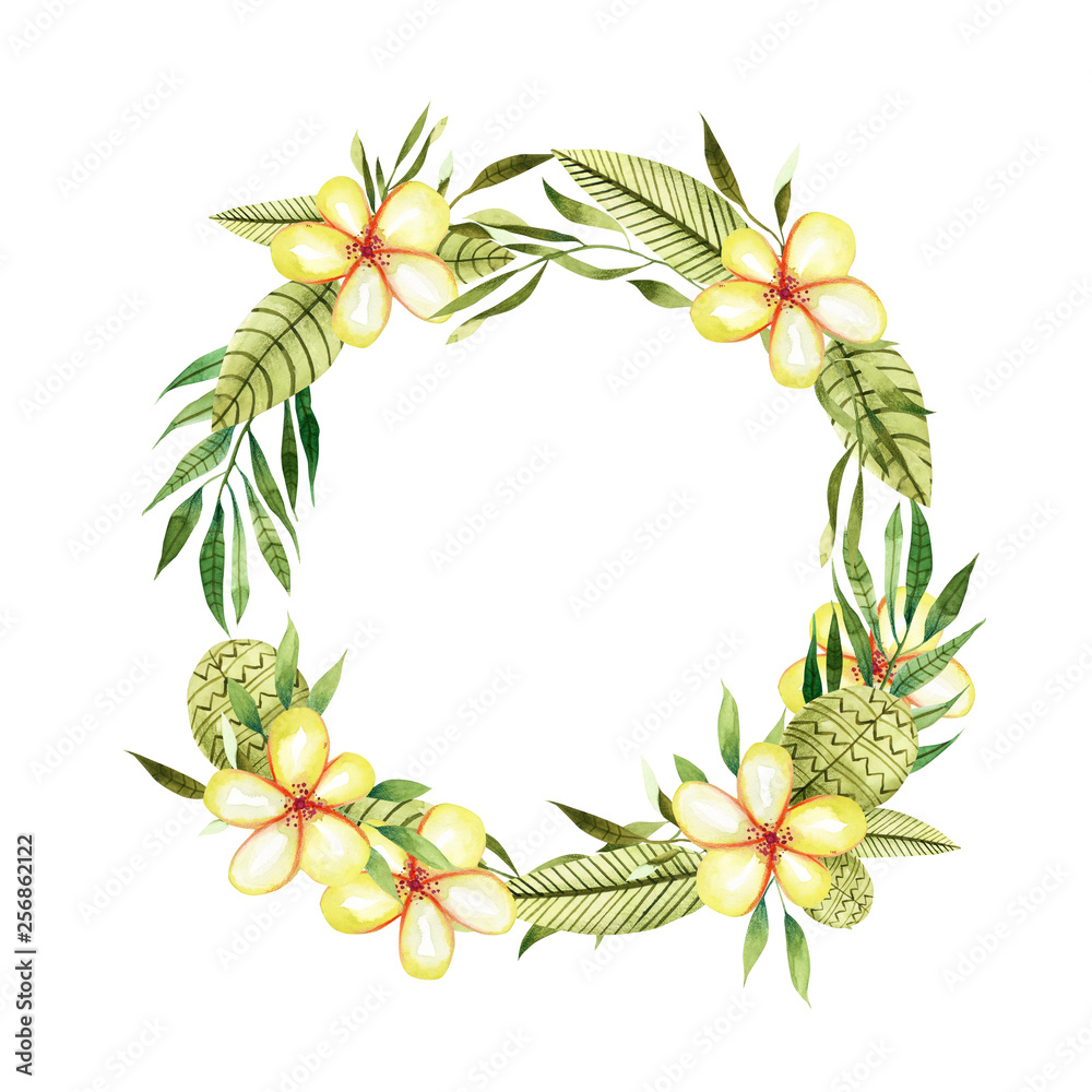 Watercolor tropical plants and flowers frame border, wreath, hand painted on a white background