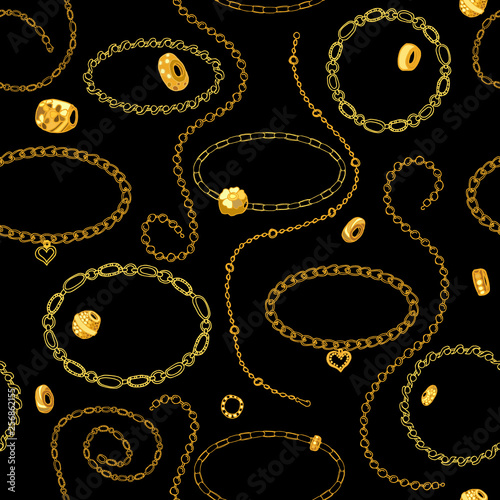 Seamless pattern with jewelry. Gold women's jewelry on black background.  Chain, bracelet, beads, pendant, ring, beads. Fabric design, background for jewelry business,  stationery.