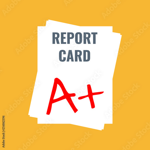 school report card with A plus grade, flat design vector illustration