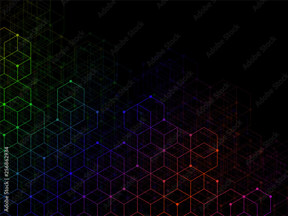 Abstract colorful geometric background with cubes. Geometrical concept with lines and points. Vector