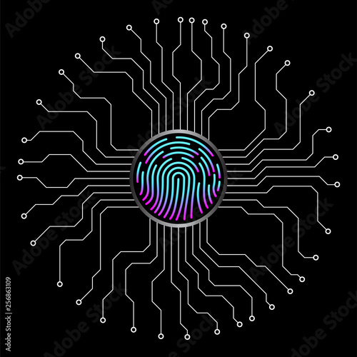 Abstract sign fingerprint with circuit board by circumference. Technology concept. Vector