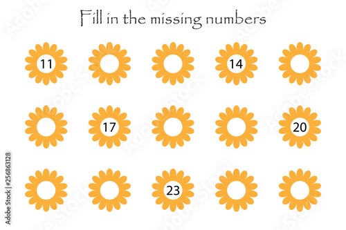 Game with flowers for children, fill in the missing numbers, middle level, education game for kids, school worksheet activity, task for the development of logical thinking, vector illustration