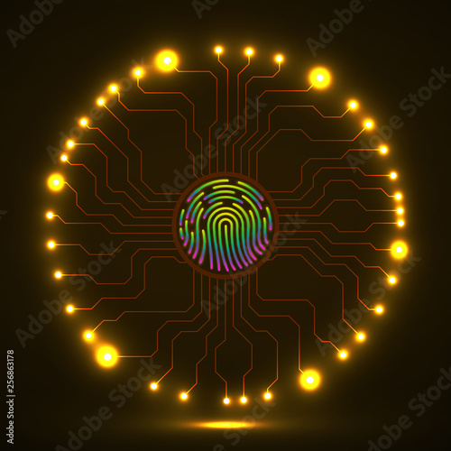 Abstract neon sign fingerprint with circuit board by circumference. Technology concept. Vector photo