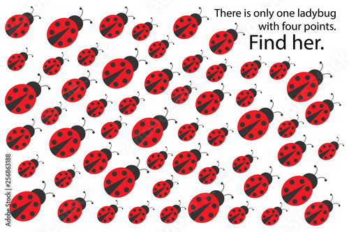 Find ladybug with 4 spots, spring fun education puzzle game for children, preschool worksheet activity for kids, task for the development of logical thinking and mind, vector illustration