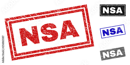 Grunge NSA rectangle stamp seals isolated on a white background. Rectangular seals with grunge texture in red, blue, black and grey colors.
